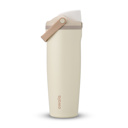 FreeSip Sway 32oz in Lightly Toasted, cream off-white insulated water bottle with white flip cap, tan carry loop and pale taupe accent, lid open