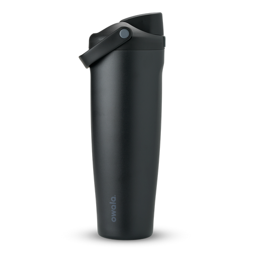 FreeSip Sway 40oz in Very Very Dark, all-black insulated water bottle with matching black flip cap and carry loop, lid open
