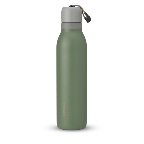 FreeSip Twist UK, olive green insulated water bottle with gray twist cap and silicone carry loop