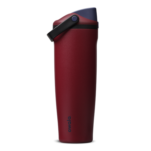 FreeSip Sway 40oz in Burgundy Bay, deep burgundy red insulated water bottle with navy blue flip cap and black carry loop, lid open