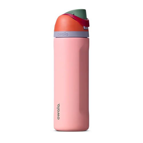 FreeSip 24oz in Sugar High, coral pink insulated bottle with rust orange flip cap and forest green accent band