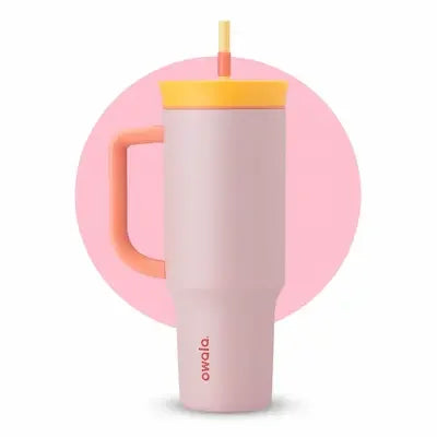 Owala 40oz Tumbler, light pink insulated stainless steel body with yellow lid, orange handle, and yellow straw