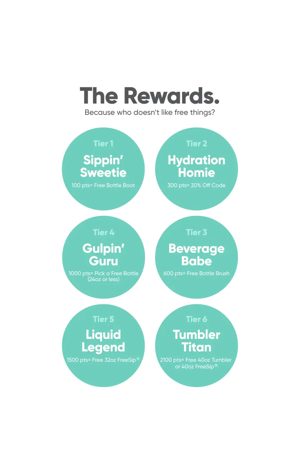 Six-tier ambassador program chart, showing levels and benefits for promoting Owala products and earning rewards.
