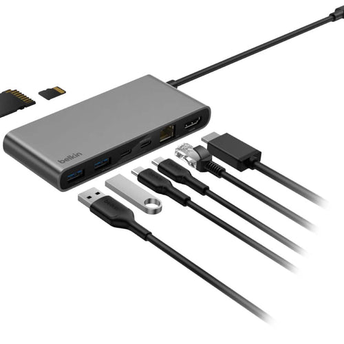Belkin - 8-Port Hub w/ 4K HDMI Display @ 60Hz, 100W Power Delivery, Fast Data Transfer 10Gbps, USB-C Multiport Adapter - Space Gray