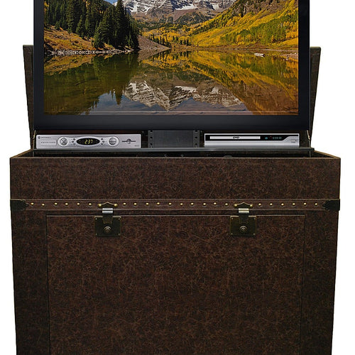 Touchstone Home Products - The Vintage Trunk by Touchstone - Leather Wrapped Smart Motorized TV Lift Cabinet for Flat Screen TVs up to 46 Inches - Aged Cigar Leather