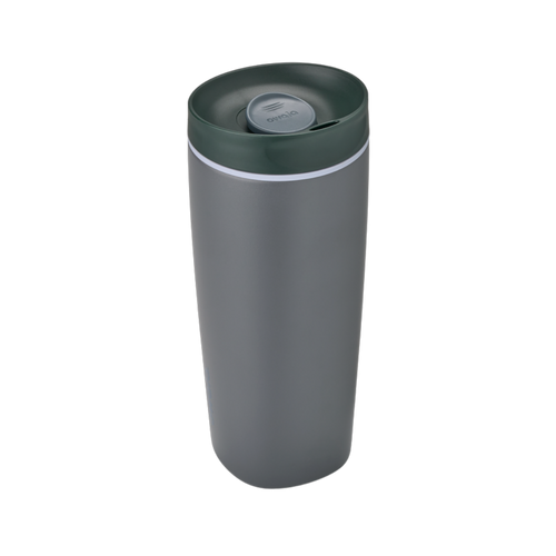 SmoothSip Slider 20oz in Off the Grid, dark charcoal grey body with dark green lid, light purple accent ring below the lid, and grey slider button