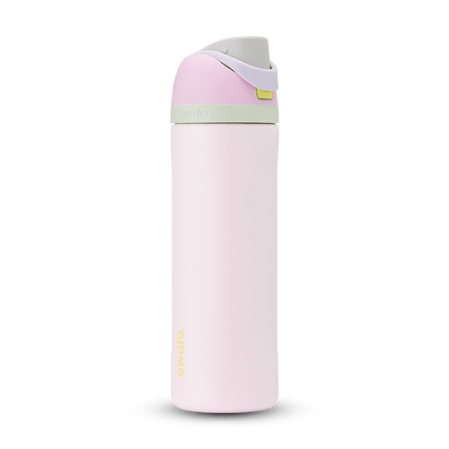 FreeSip 24oz in Candy Coated; soft pink body with pink flip cap, lavender carry loop, sage green accent band on the lid, and yellow push-button