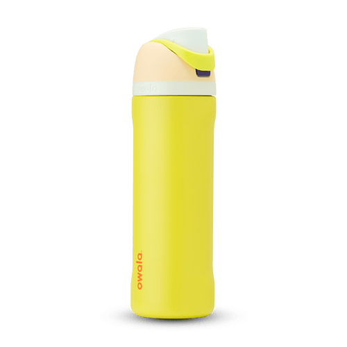 FreeSip 24oz in Lemon Limeade, bright yellow body with peach lid, neon yellow-green carry loop, white accent band, and orange logo