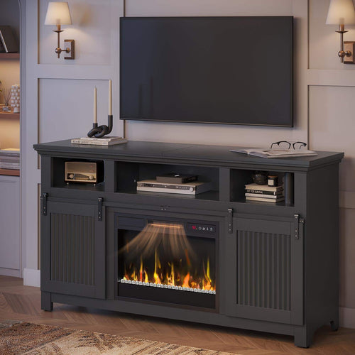 Bestier - 60.7" Farmhouse Electric Fireplace TV Stand with 3D Crystal Flames & Sliding Barn Doors, Media Console for 65" TVs - Black