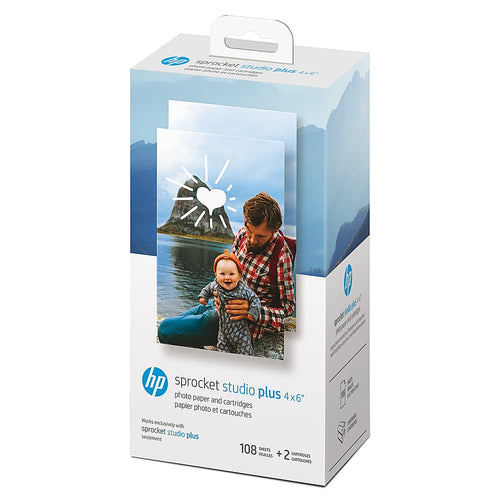 HP - Sprocket Studio Plus Semi-Gloss Photo Paper 4x6 with 108 Sheets and 2 Cartridges - White