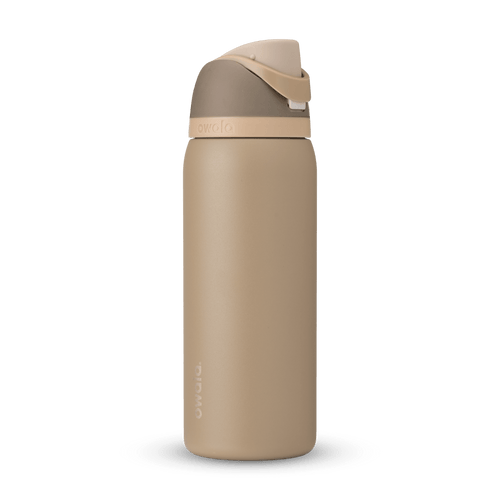 FreeSip 32oz in Down to Earth, warm sand/tan body with matching tan flip cap and carry loop
