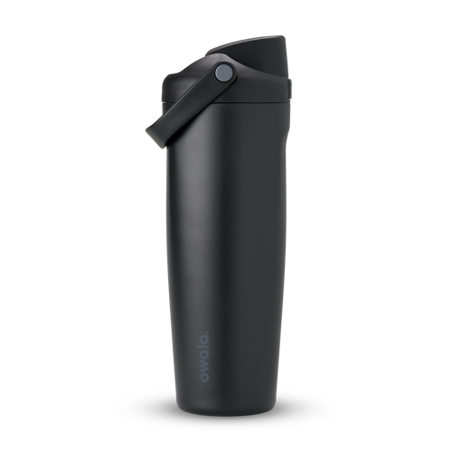 FreeSip Sway 32oz in Very Very Dark, all-black insulated water bottle with matching black flip cap and carry loop, lid open