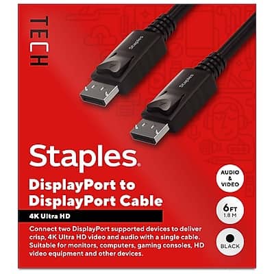 Staples TECH - DisplayPort to DisplayPort Audio/Video Cable, Male to Male, 6-ft - Black
