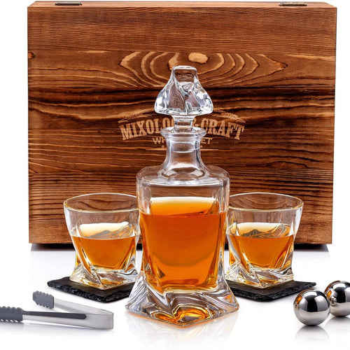Zulay Kitchen - Premium Whiskey Decanter Set with 2 Crystal Whiskey Glasses & Stainless Steel Balls Chilling Stones - Clear