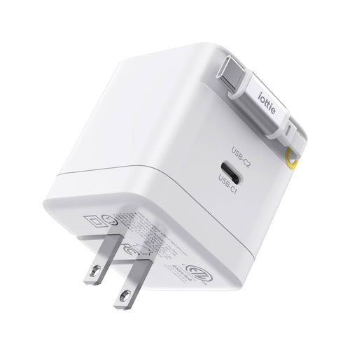 Basix by iOttie 65W GaN Wall Charger, Built-in Retractable USB-C Cable, USB-C & USB-A Ports, Triple-Device Fast Charge - White