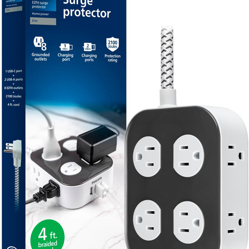 Philips - Surge Protector Power Strip, 8 Outlet Extender, 2 USB-A, 1 USB-C, 2100 Joules, 4 Ft Braided Extension Cord - Dark Gray & Arctic White