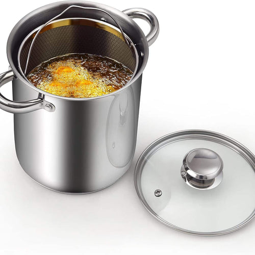 Cook N Home - Basics 4Qt S/S Deep Fryer Pot with Oil Drip Drainer Rack,Glass Lid,suitable for Japanese Tempura,French Fries, Chicken - Stainless Steel