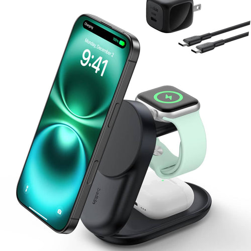 Belkin - 3-in-1 Foldable Magnetic Charging Stand, 25W Qi2, MagSafe compatible, charge iPhone, compact travel-friendly design - Black