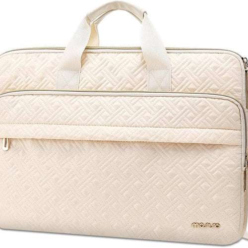 mosiso - 15-15.6 inch Laptop Bag for Women&Men, Double Line Rhombus Quilted Laptop Messenger Bag with 2 Front Pockets - Beige