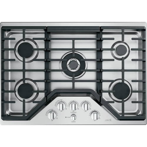Café - 30 in. Wide 5 Burner Built-In Gas Cooktop, Customizable with White LED Backlit, Heavy-Duty Knobs - Stainless Steel