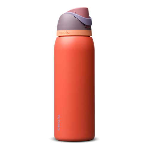 FreeSip 40oz in Terracotta Sunset, warm terracotta orange insulated bottle with muted mauve purple flip cap and peach accent band