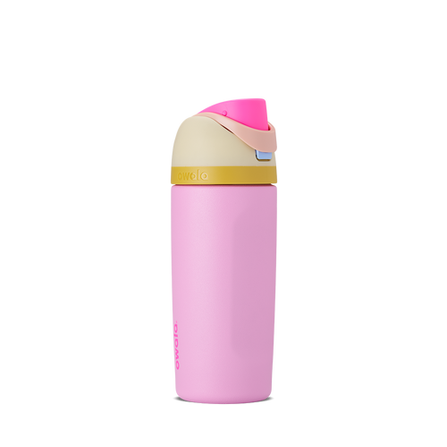 Kids FreeSip 16oz in Tutti Frutti, soft lavender-pink insulated bottle with yellow-gold accent band, pink flip cap, and carry loop
