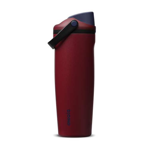 FreeSip Sway 30oz in Burgundy Bay, deep burgundy red insulated water bottle with navy blue flip cap and black carry loop, lid open
