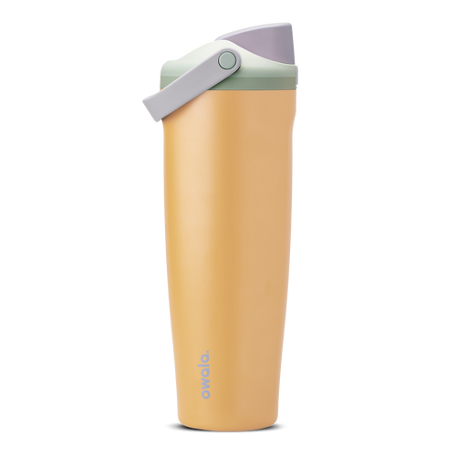 FreeSip Sway 40oz in Beachfront, golden yellow insulated water bottle with lavender flip cap, light grey carry loop, sage green lid accent ring and green push-button, lid open