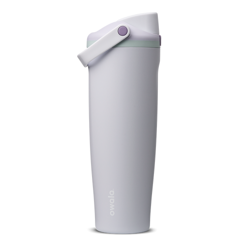 FreeSip Sway 40oz in Open Air, pale lavender-grey insulated water bottle with matching lavender flip cap and carry loop, sage green lid accent ring and purple push-button, lid open