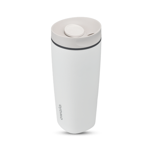 SmoothSip Slider 20oz in Shy Marshmallow, white body with off-white lid, white slider button, dark gray accent ring, and gray Owala logo