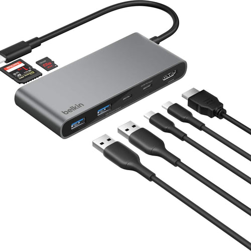 Belkin - 7-Port Hub w/ 4K HDMI Display with 60Hz, 100W Power Delivery, Fast Data Transfer 5Gbps, USB-C Multiport Adapter - Space Gray