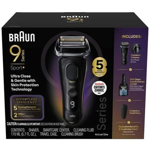 Braun - Series 9 Sport + Electric Shaver with Clean and Charge Station and Travel Case - Black