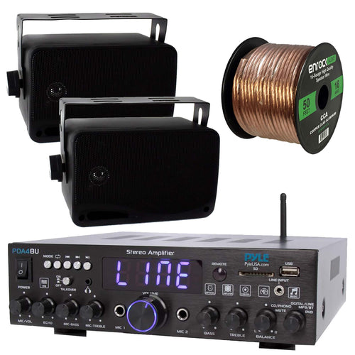 Pyle - PDA4BU Wireless Bluetooth Stereo Home Audio Receiver, 2x 3.5'' 3-Way Weather Proof Mini Black Box Speakers w/Wire