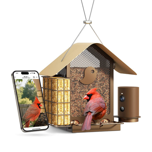 BIRDFY - Smart Bird Feeder Metal V, 1080P HD Birdwatching, 60FPS Slow-Motion, Full-Color Night Vision, AI by Subscription - Brown
