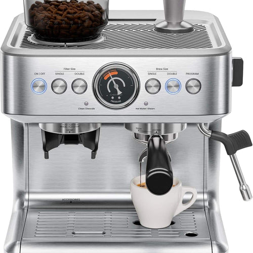Chefman - Crema Supreme Espresso Machine with Conical Burr Grinder and Steam Wand - Stainless Steel