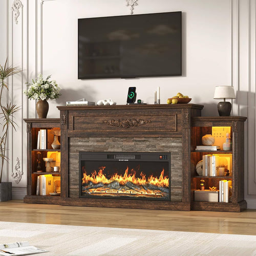 Espafurni - 85" Electric Fireplace TV Stand, Farmhouse Style w/ Charging Station & LED - Brown