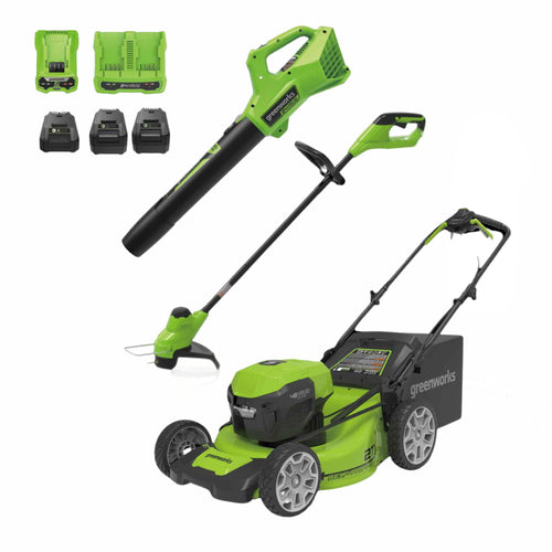 Greenworks - 48V (24V x 2) 21" Self-propelled Lawn Mower, 12" String Trimmer and Blower, 3 Batteries and 2 Chargers Included - Green