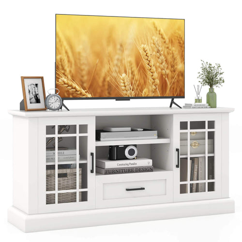 Gymax - Farmhouse TV Stand for TVs up to 70'' Media Center w/Glass Doors Cubbies & Drawer - White