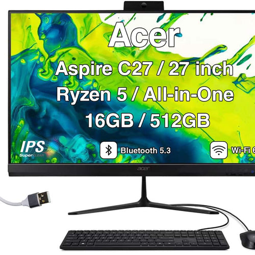 Acer - Upgraded - Aspire C27 All-in-One 27 FHD Display (Ryzen 5 7430U, 16GB, 512GB SSD, AMD Radeon, WiFi 6E, Win 11 Pro) w/USB Hub - Black