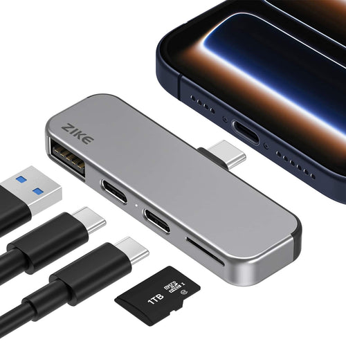 Zike - Z806 USB-C Extender for iPhone 17/16/15, 4-in-1 10Gbps Adapter with USB-A, MicroSD Card Reader, 27W Fast Charging - Gray