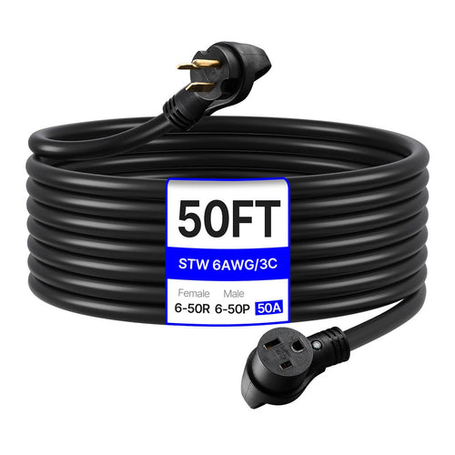 VEVOR - 50-Amp Generator Extension Cord, 50 Foot, 250 Volts 12500 Watts Heavy Duty Power Cable, NEMA 6-50R NEMA 6-50P SWT 6AWG - Black