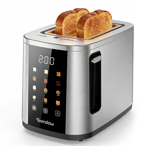 Teendow - 2-Slice Touchscreen Toaster, 800W Stainless Steel, Extra-Wide 1.5" Slots, 6 Bread Modes, 6 Shade Settings - Silver